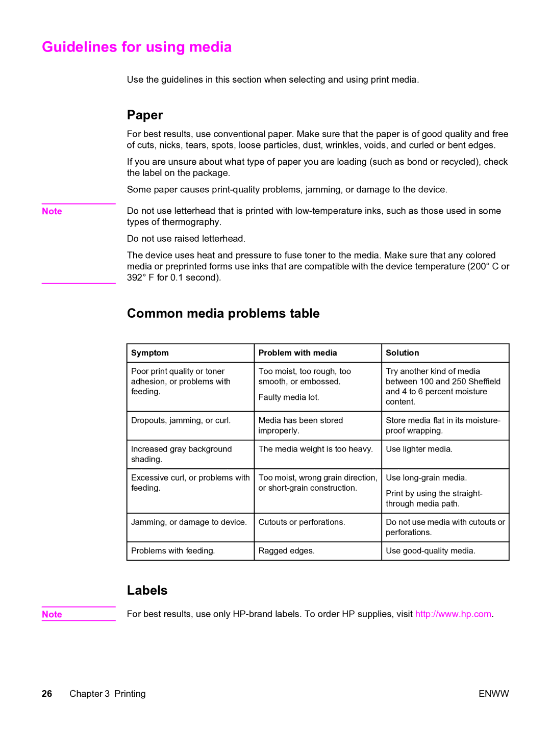 HP 3380 manual Guidelines for using media, Paper, Common media problems table, Labels 