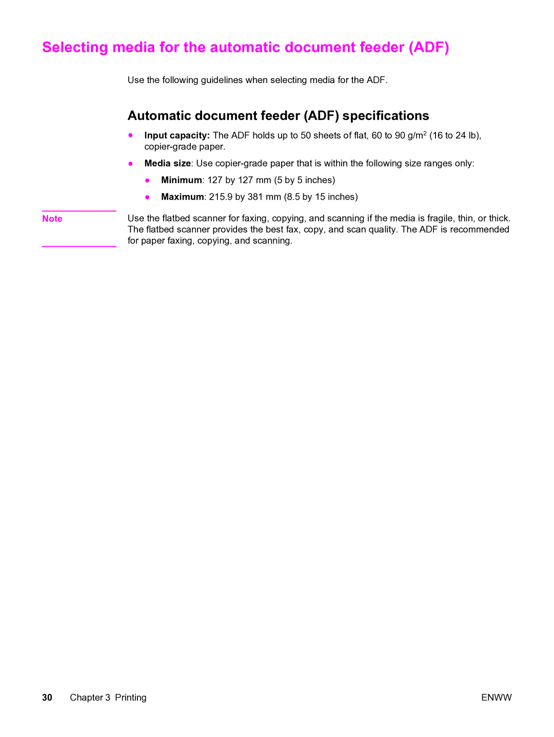 HP 3380 manual Selecting media for the automatic document feeder ADF, Automatic document feeder ADF specifications 