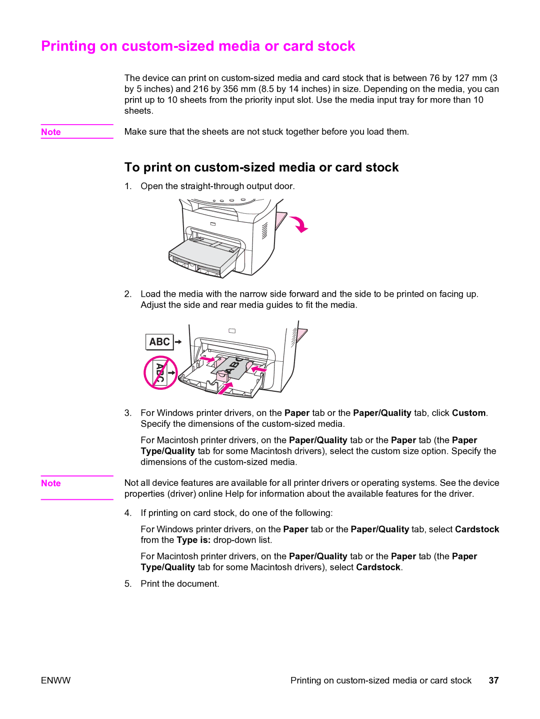 HP 3380 manual Printing on custom-sized media or card stock, To print on custom-sized media or card stock 