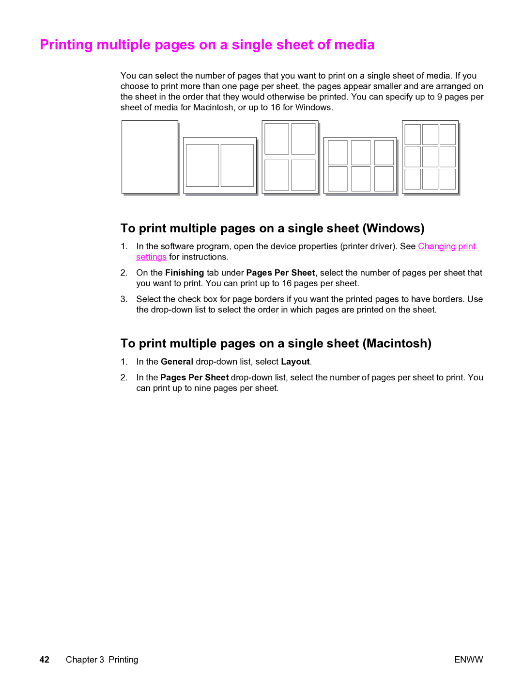 HP 3380 manual Printing multiple pages on a single sheet of media, To print multiple pages on a single sheet Windows 