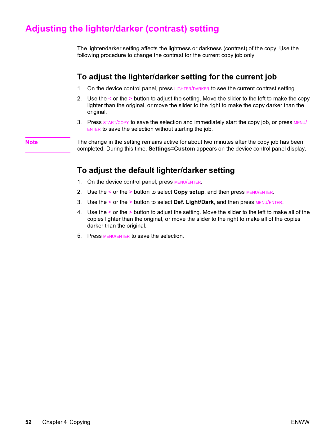 HP 3380 manual Adjusting the lighter/darker contrast setting, To adjust the lighter/darker setting for the current job 