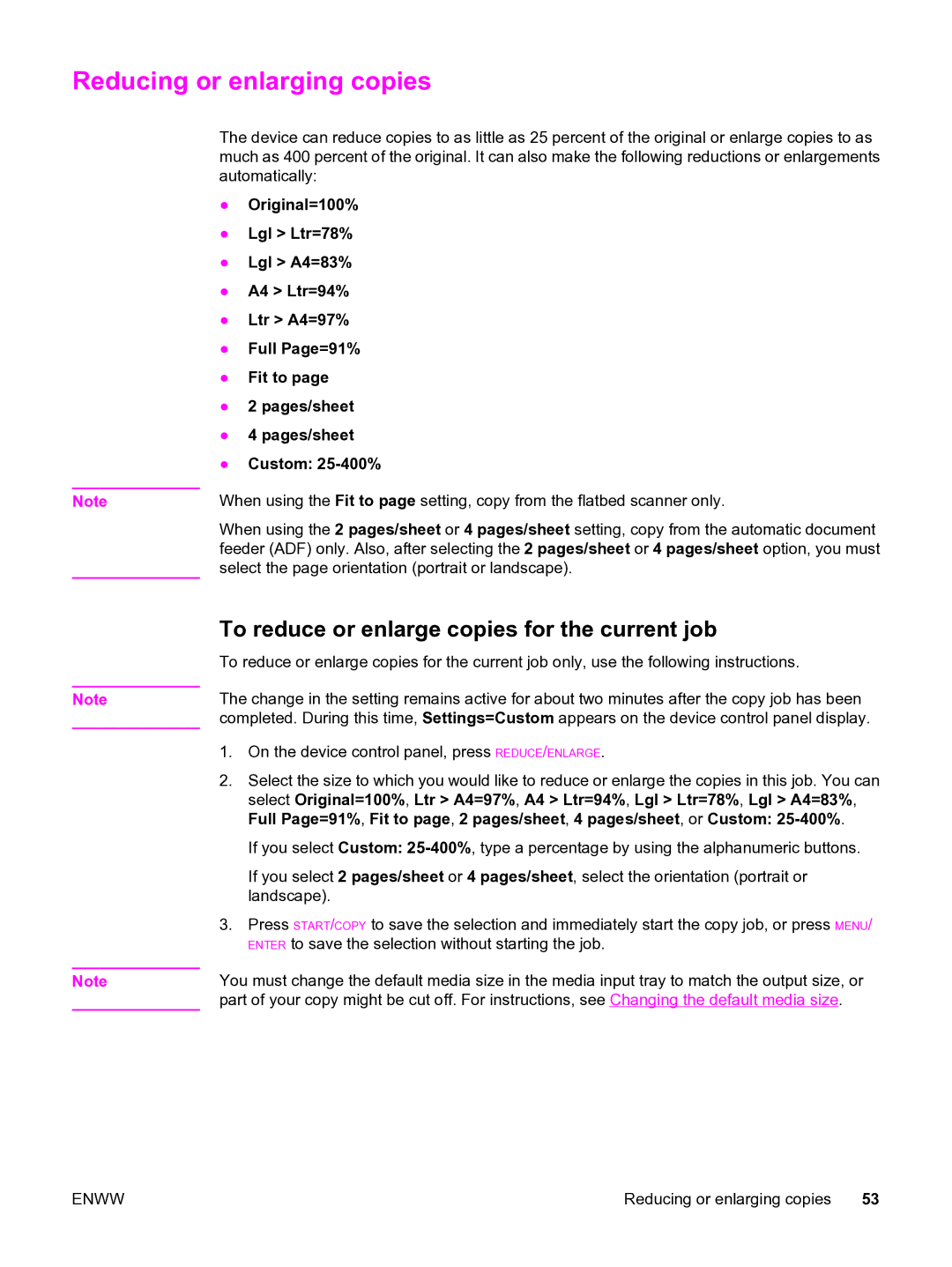 HP 3380 manual Reducing or enlarging copies, To reduce or enlarge copies for the current job 