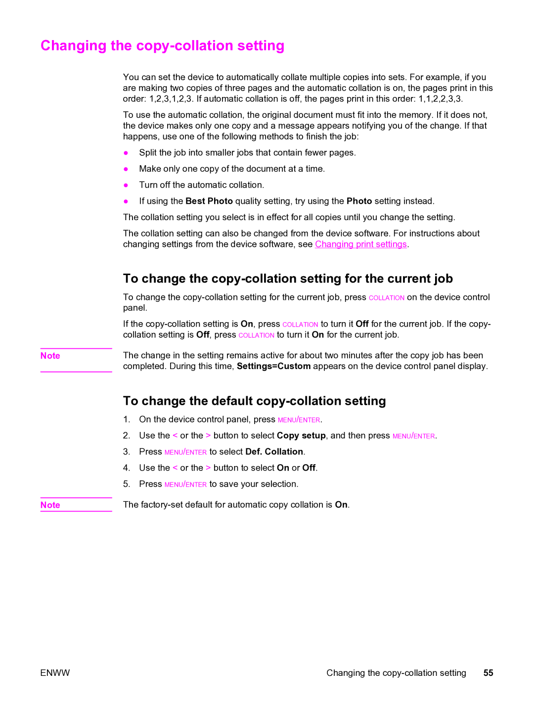 HP 3380 manual Changing the copy-collation setting, To change the copy-collation setting for the current job 