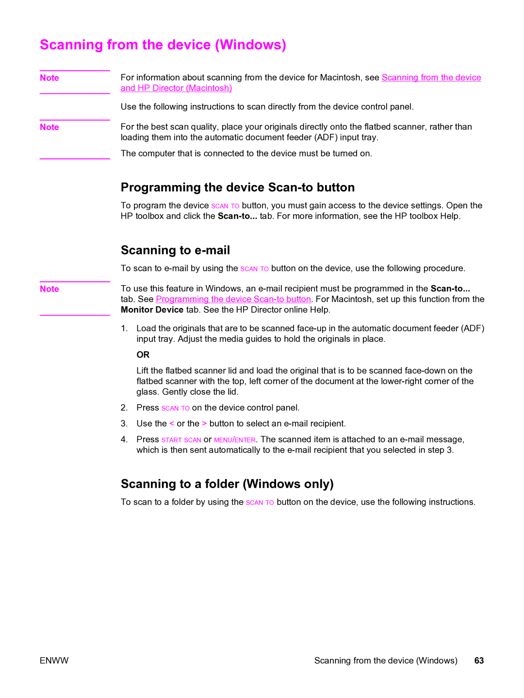 HP 3380 manual Scanning from the device Windows, Programming the device Scan-to button, Scanning to e-mail 