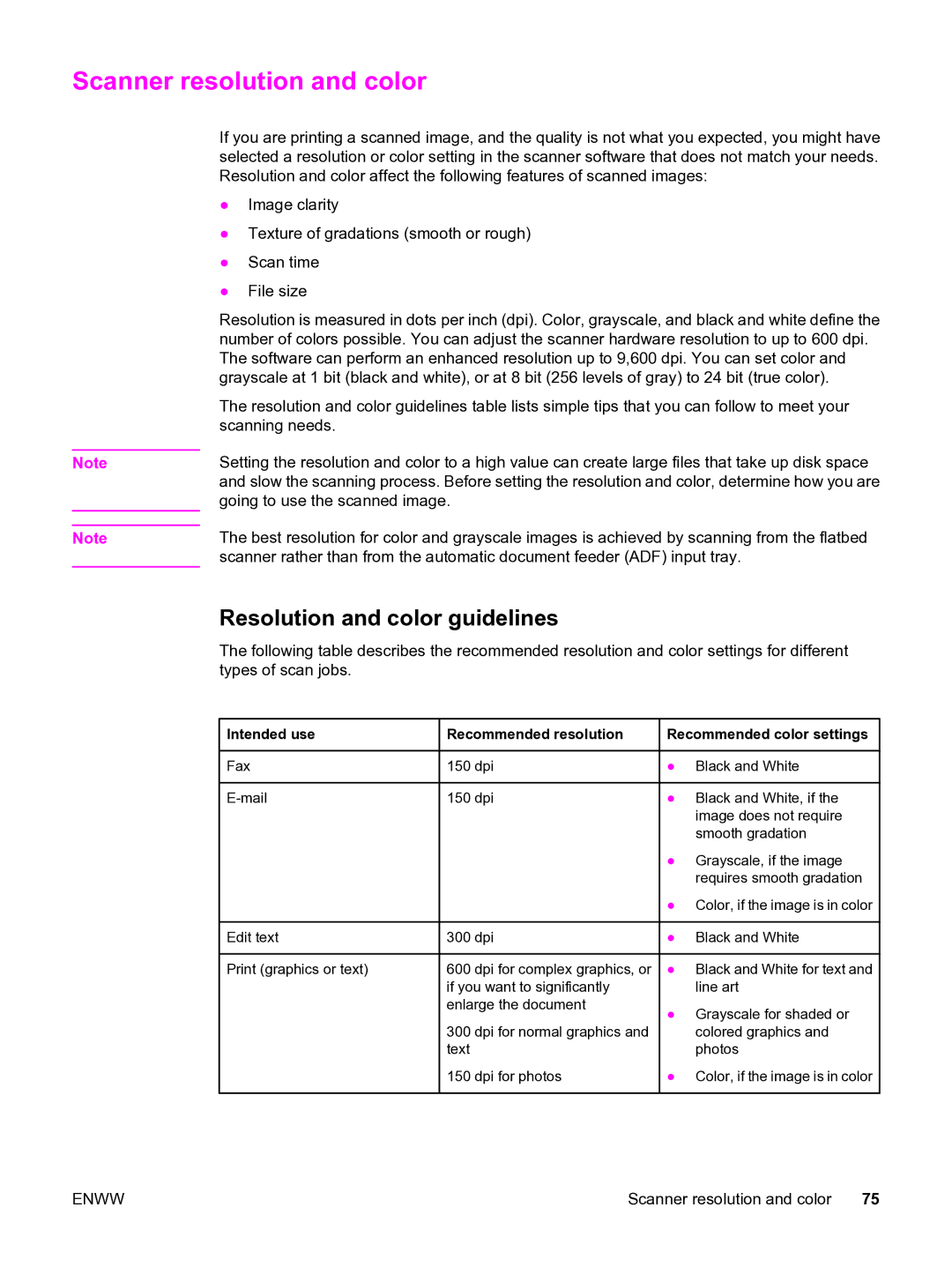 HP 3380 manual Scanner resolution and color, Resolution and color guidelines 