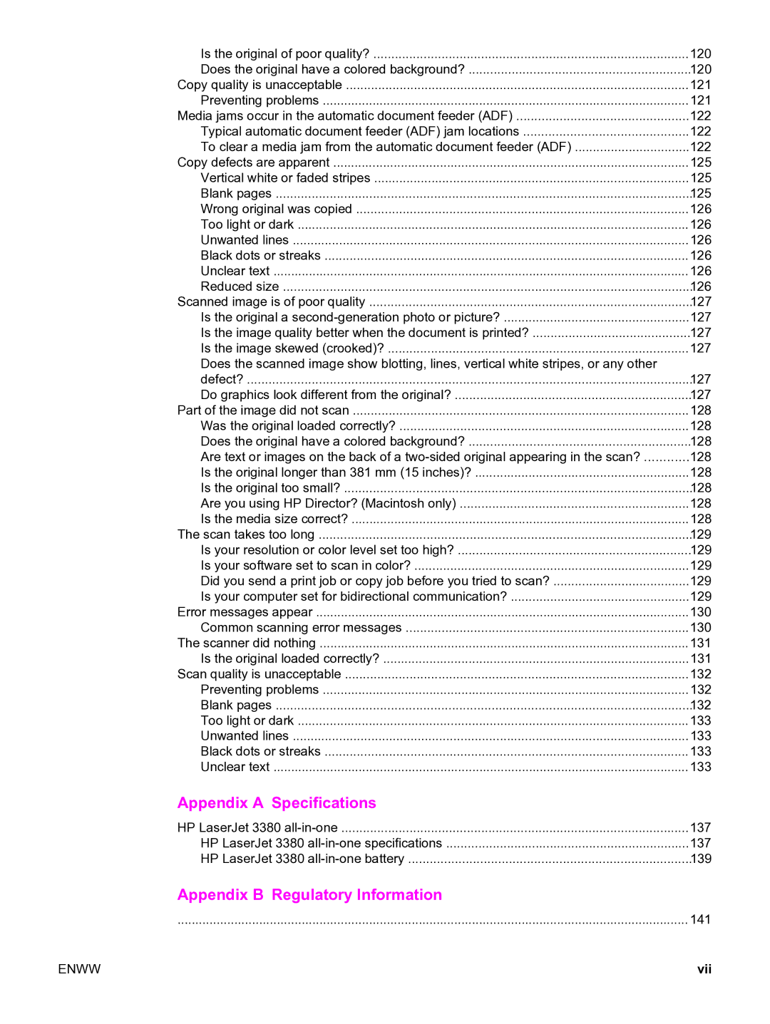 HP 3380 manual Appendix a Specifications 