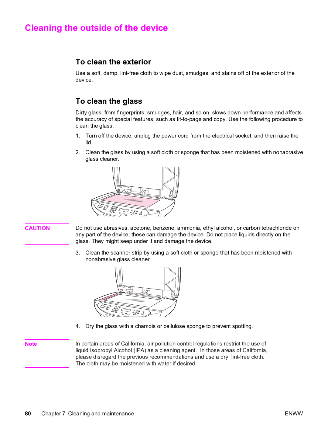 HP 3380 manual Cleaning the outside of the device, To clean the exterior, To clean the glass 