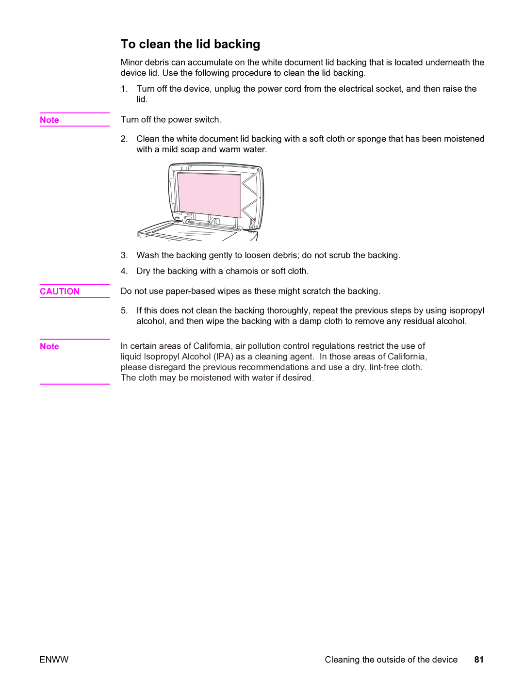 HP 3380 manual To clean the lid backing 