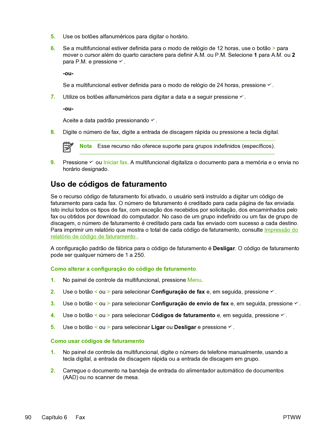 HP 3390 manual Uso de códigos de faturamento, Como alterar a configuração do código de faturamento 