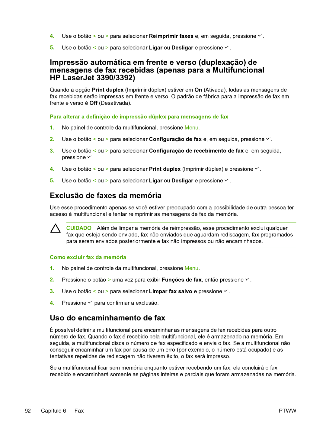 HP 3390 manual Exclusão de faxes da memória, Uso do encaminhamento de fax, Como excluir fax da memória 