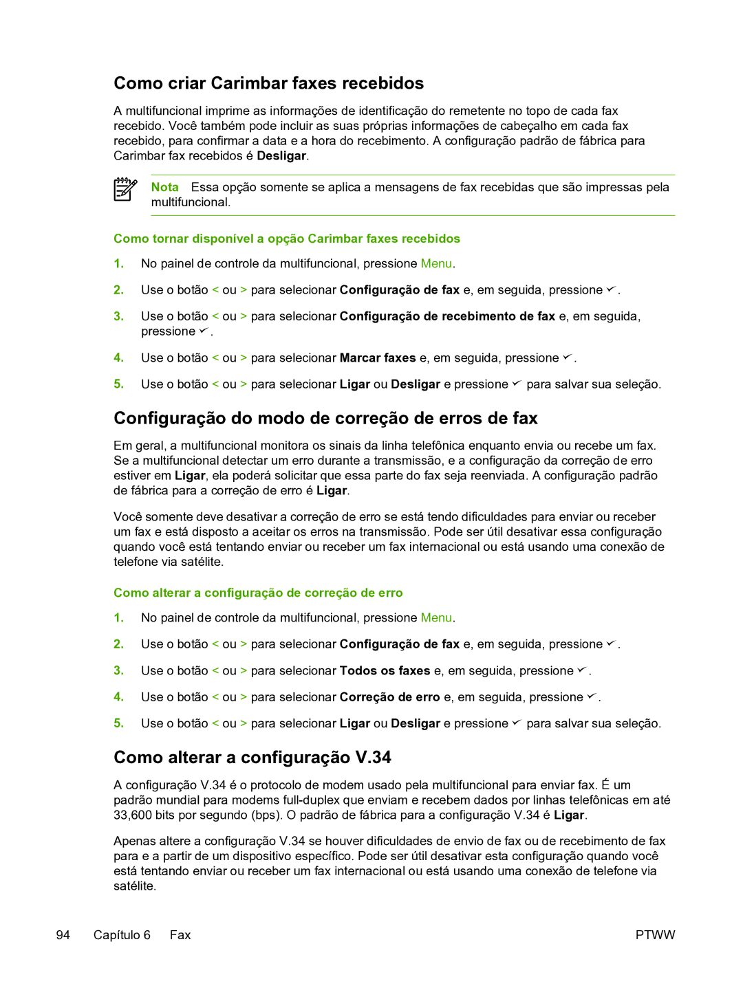 HP 3390 Como criar Carimbar faxes recebidos, Configuração do modo de correção de erros de fax, Como alterar a configuração 