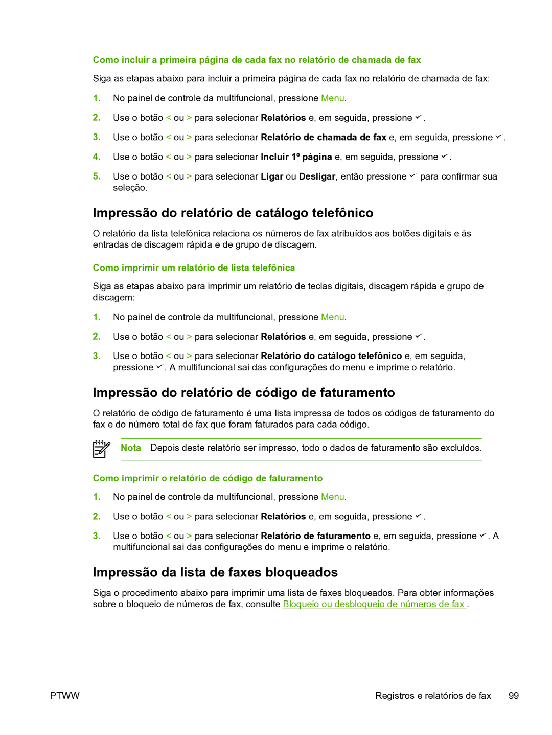 HP 3390 manual Impressão do relatório de catálogo telefônico, Impressão do relatório de código de faturamento 