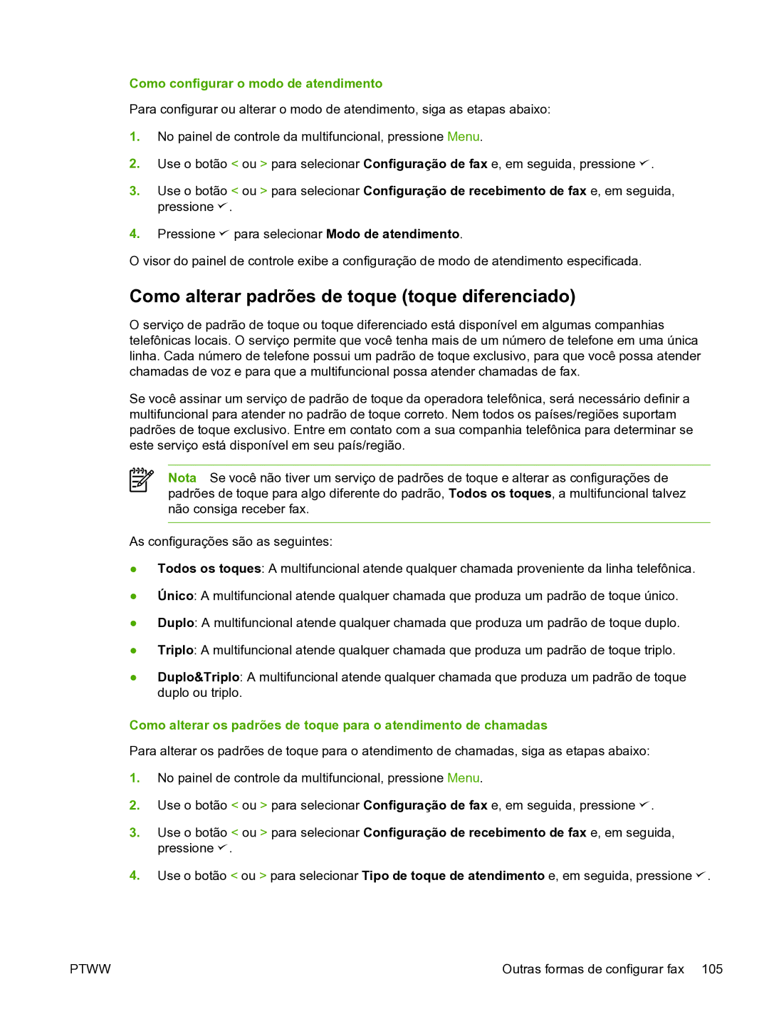 HP 3390 manual Como alterar padrões de toque toque diferenciado, Como configurar o modo de atendimento 