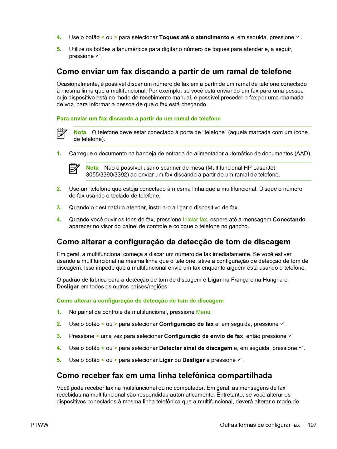 HP 3390 Como alterar a configuração da detecção de tom de discagem, Como receber fax em uma linha telefônica compartilhada 