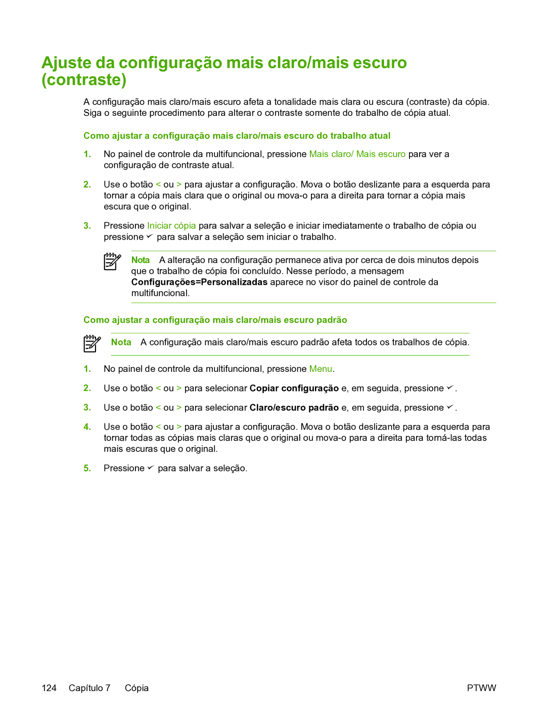 HP 3390 Ajuste da configuração mais claro/mais escuro contraste, Como ajustar a configuração mais claro/mais escuro padrão 