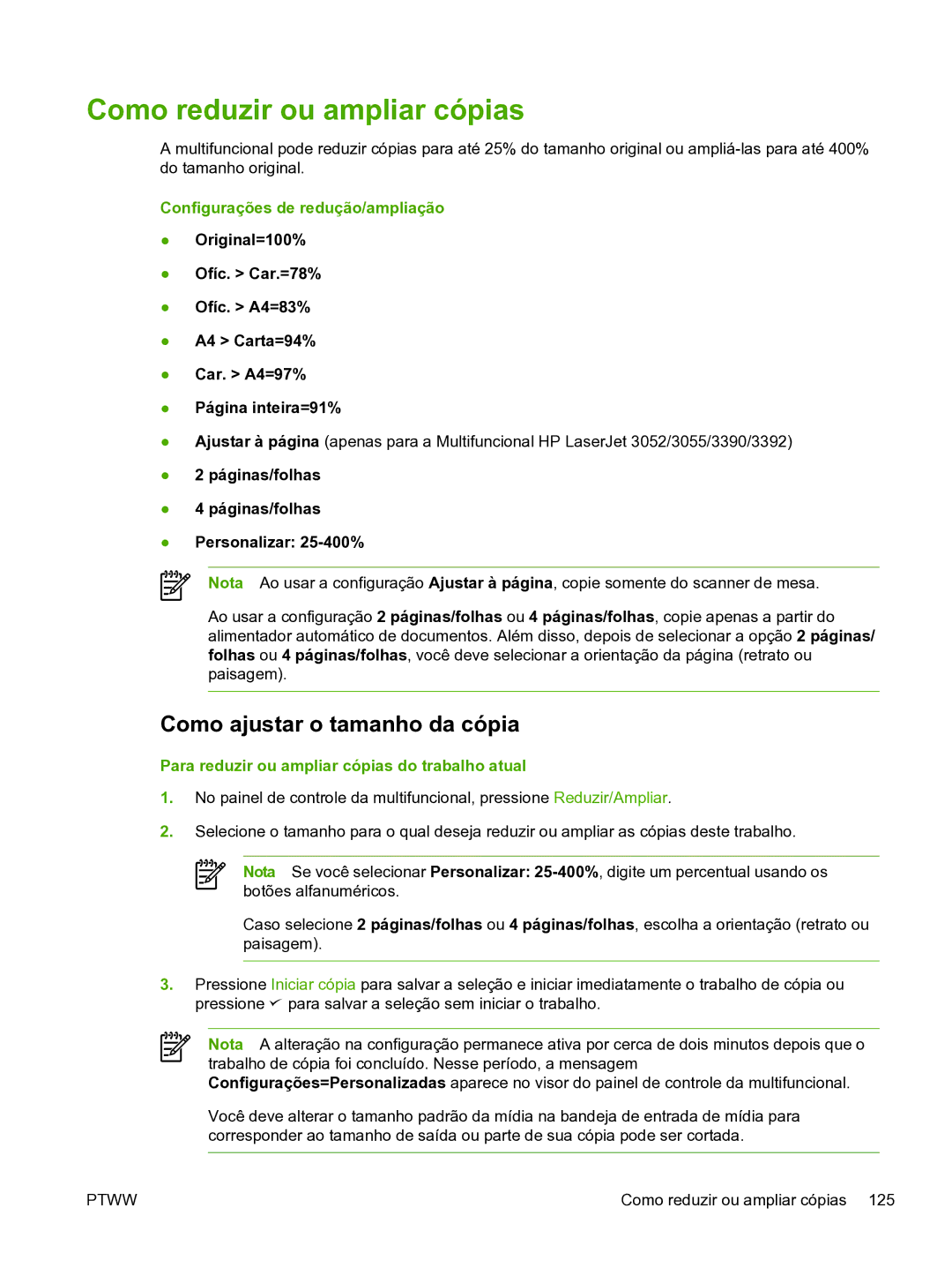 HP 3390 manual Como reduzir ou ampliar cópias, Como ajustar o tamanho da cópia, Configurações de redução/ampliação 