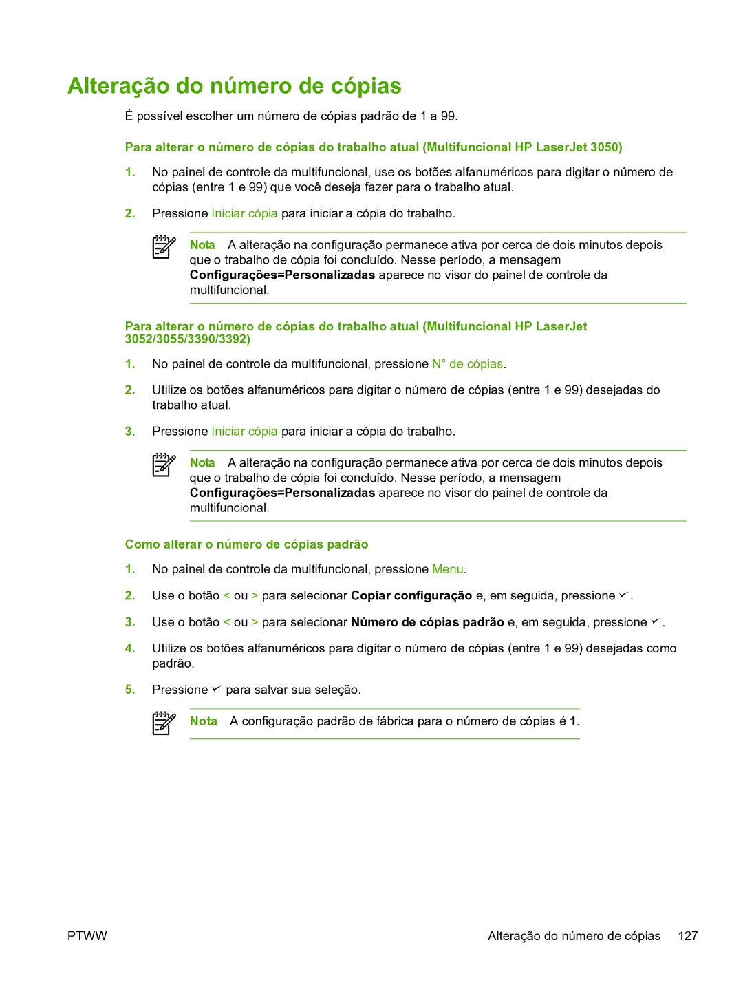 HP 3390 manual Alteração do número de cópias, Como alterar o número de cópias padrão 