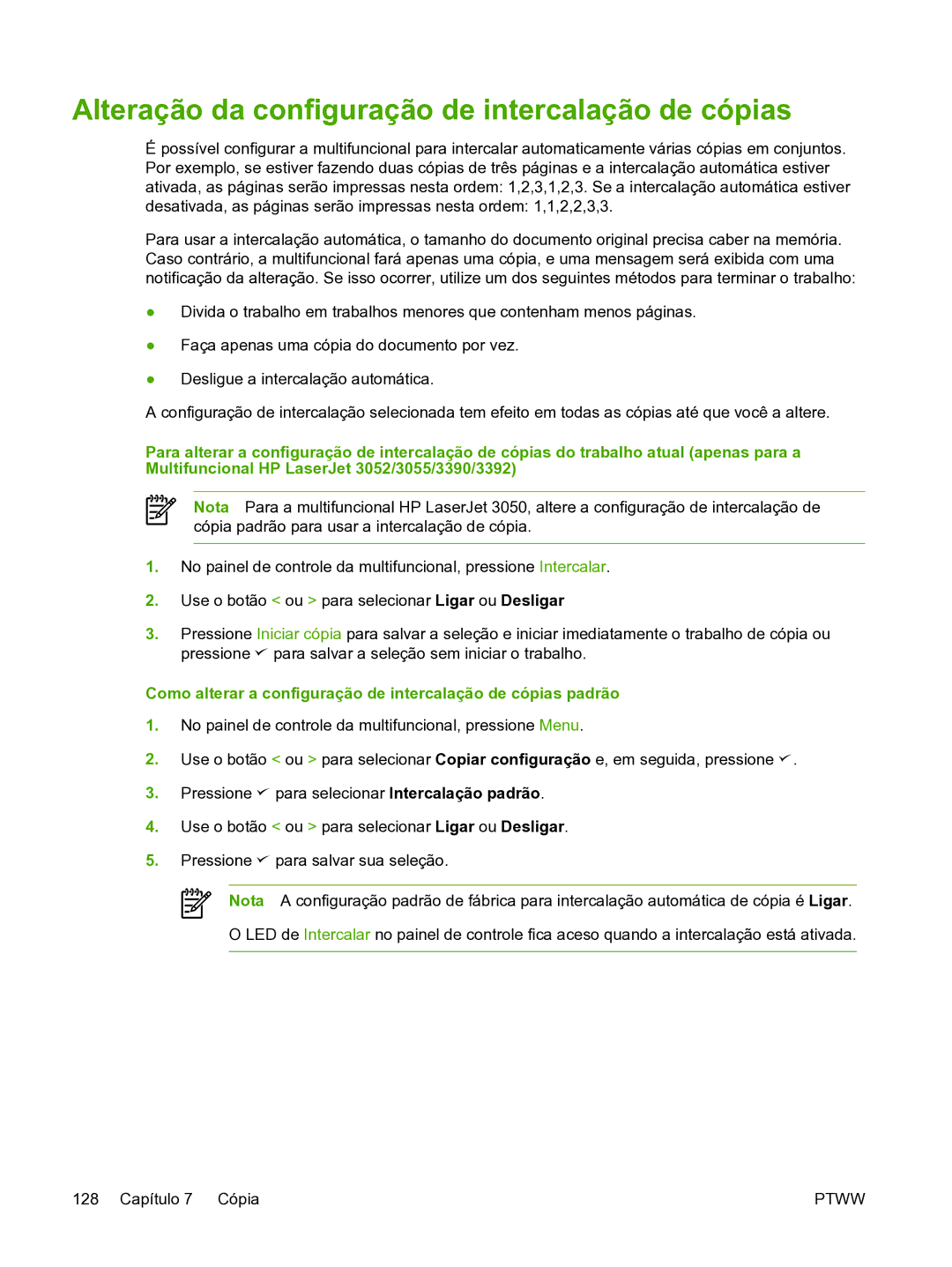 HP 3390 Alteração da configuração de intercalação de cópias, Como alterar a configuração de intercalação de cópias padrão 