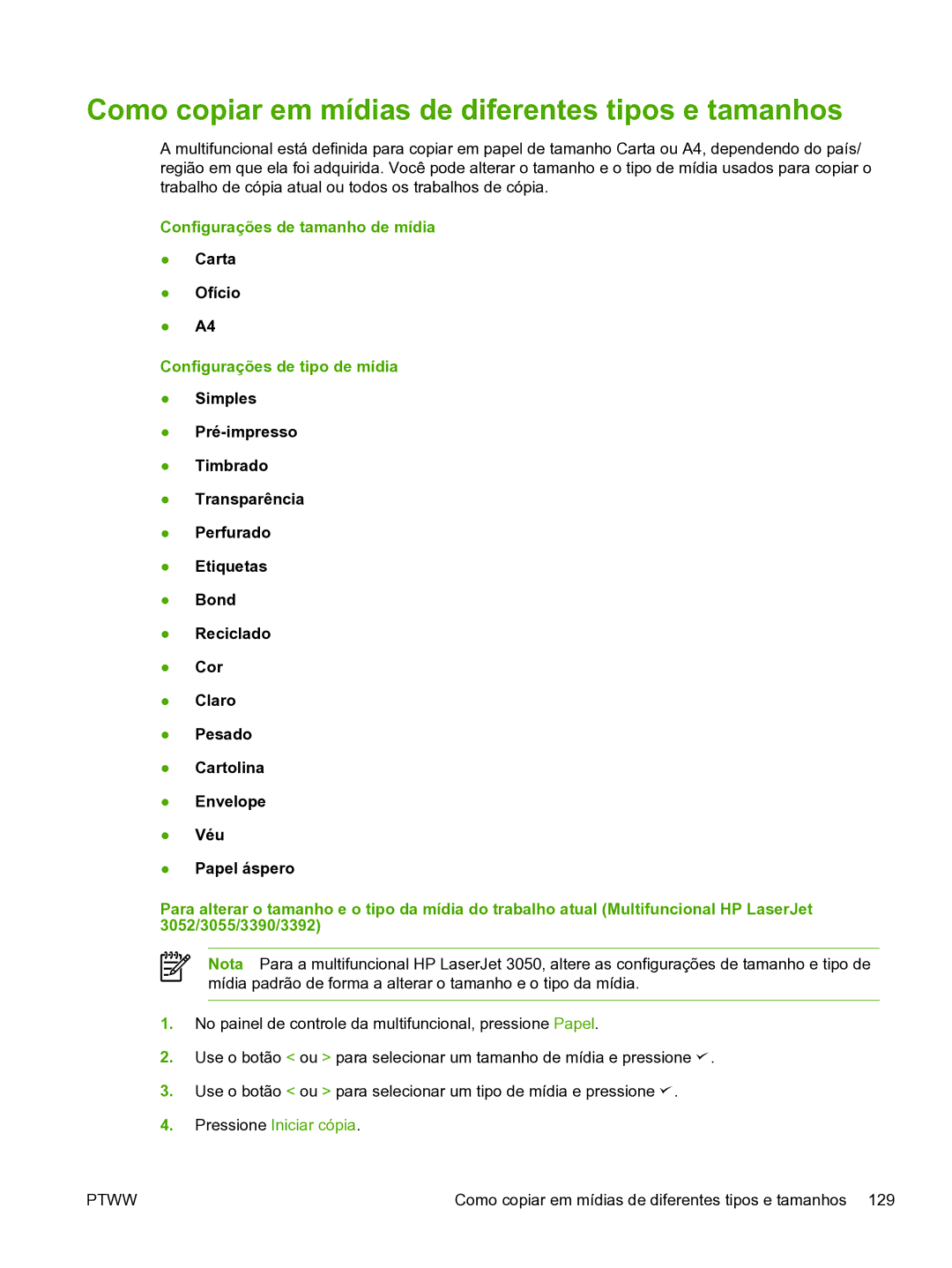 HP 3390 manual Como copiar em mídias de diferentes tipos e tamanhos, Configurações de tamanho de mídia 