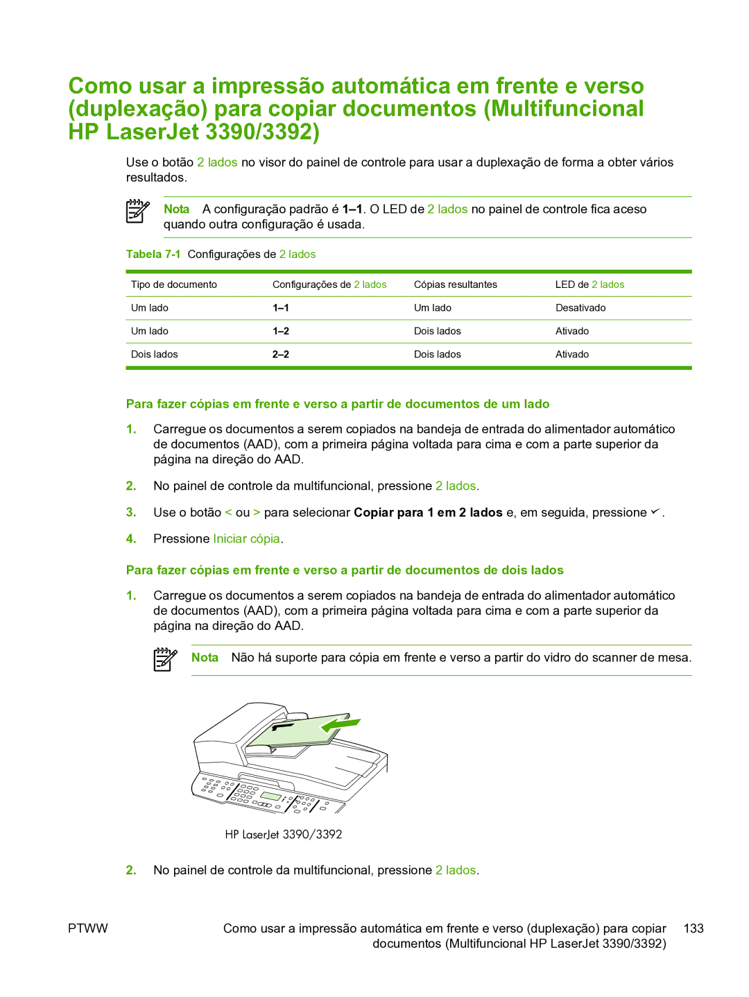 HP manual Tabela 7-1Configurações de 2 lados, HP LaserJet 3390/3392 