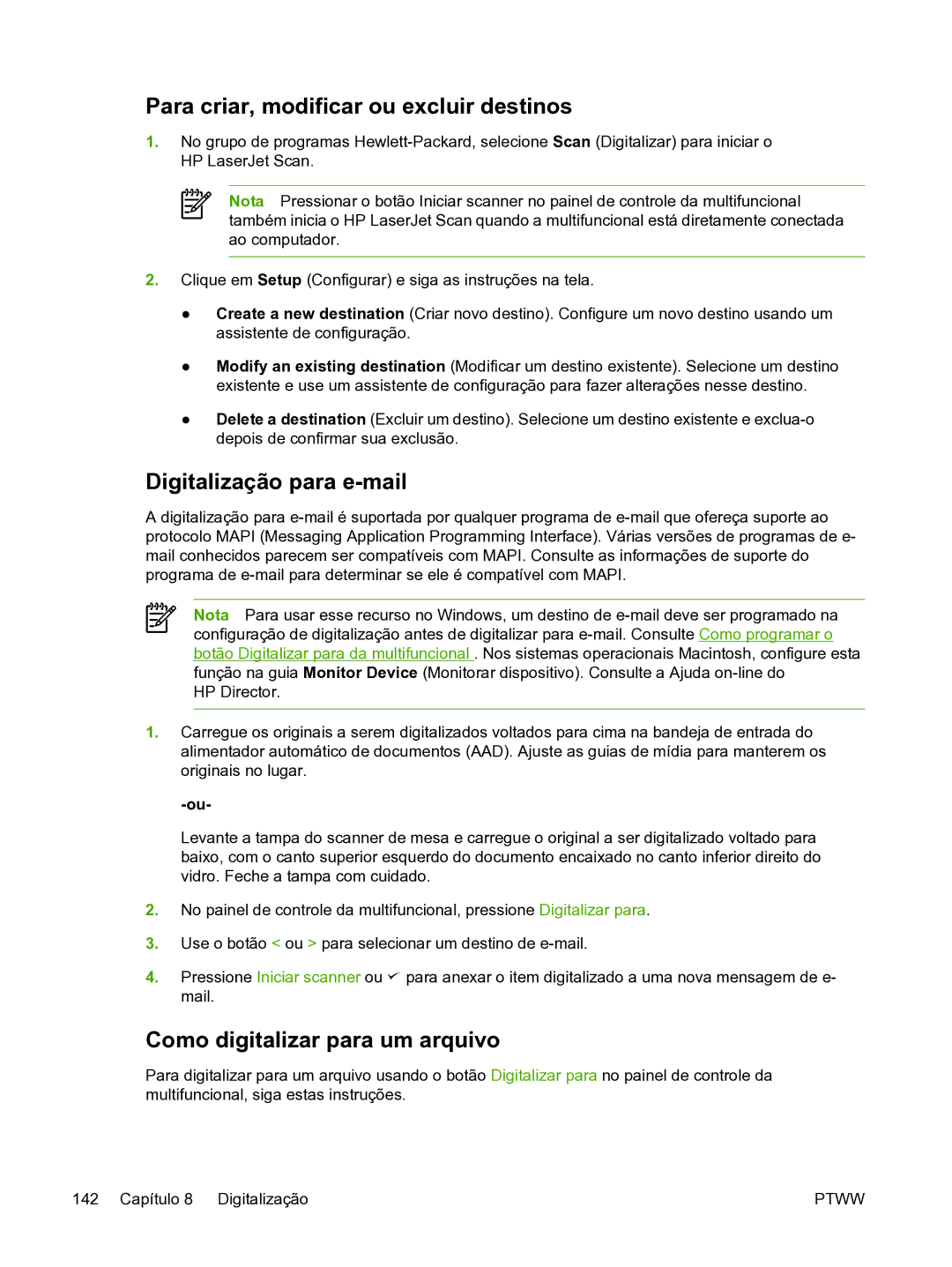 HP 3390 manual Para criar, modificar ou excluir destinos, Digitalização para e-mail, Como digitalizar para um arquivo 