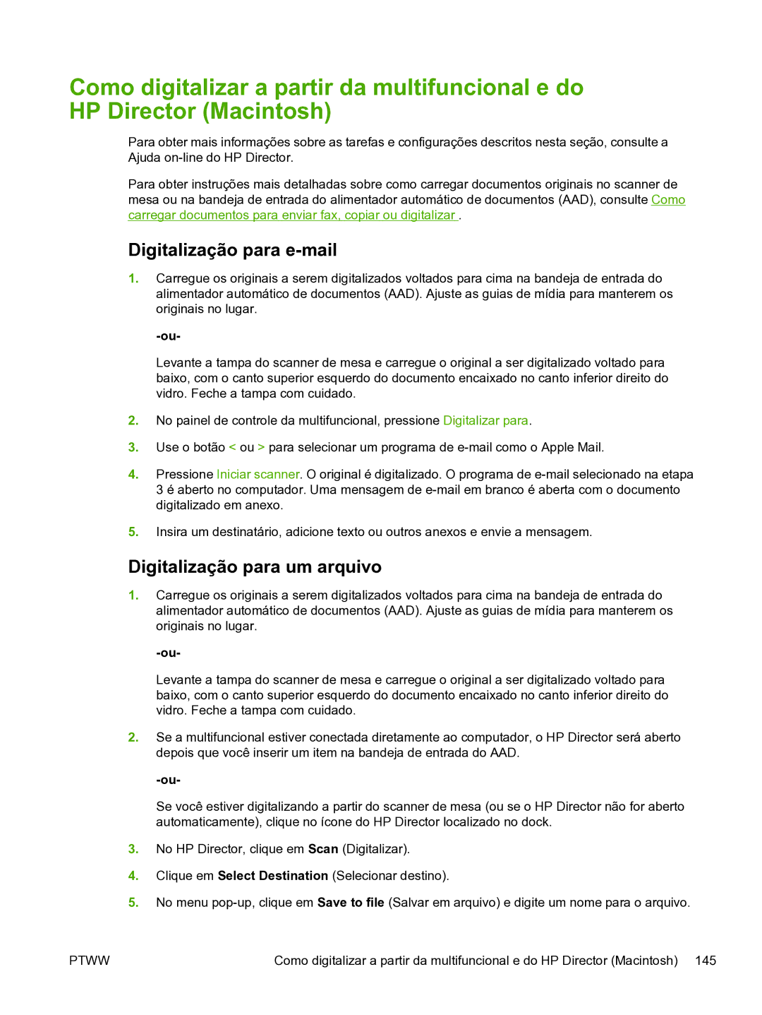 HP 3390 manual Digitalização para e-mail, Digitalização para um arquivo 