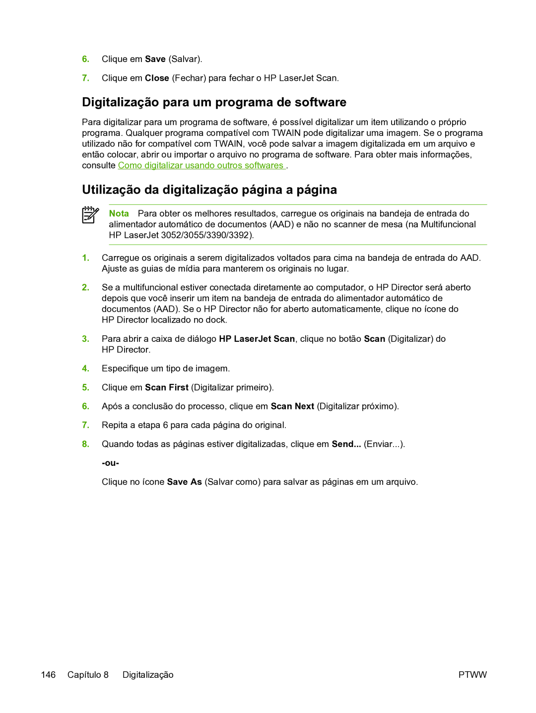 HP 3390 manual Digitalização para um programa de software, Utilização da digitalização página a página 