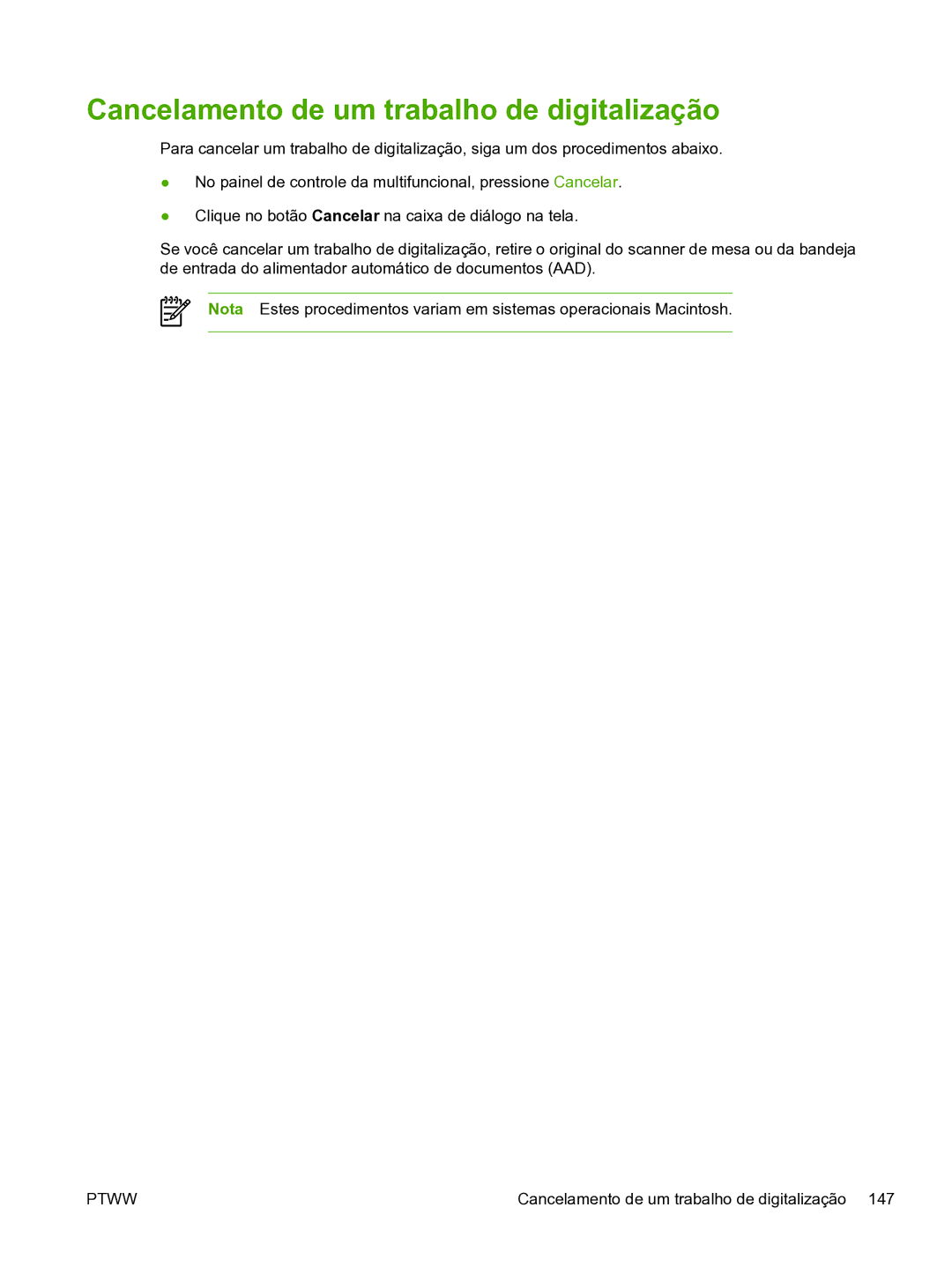 HP 3390 manual Cancelamento de um trabalho de digitalização 