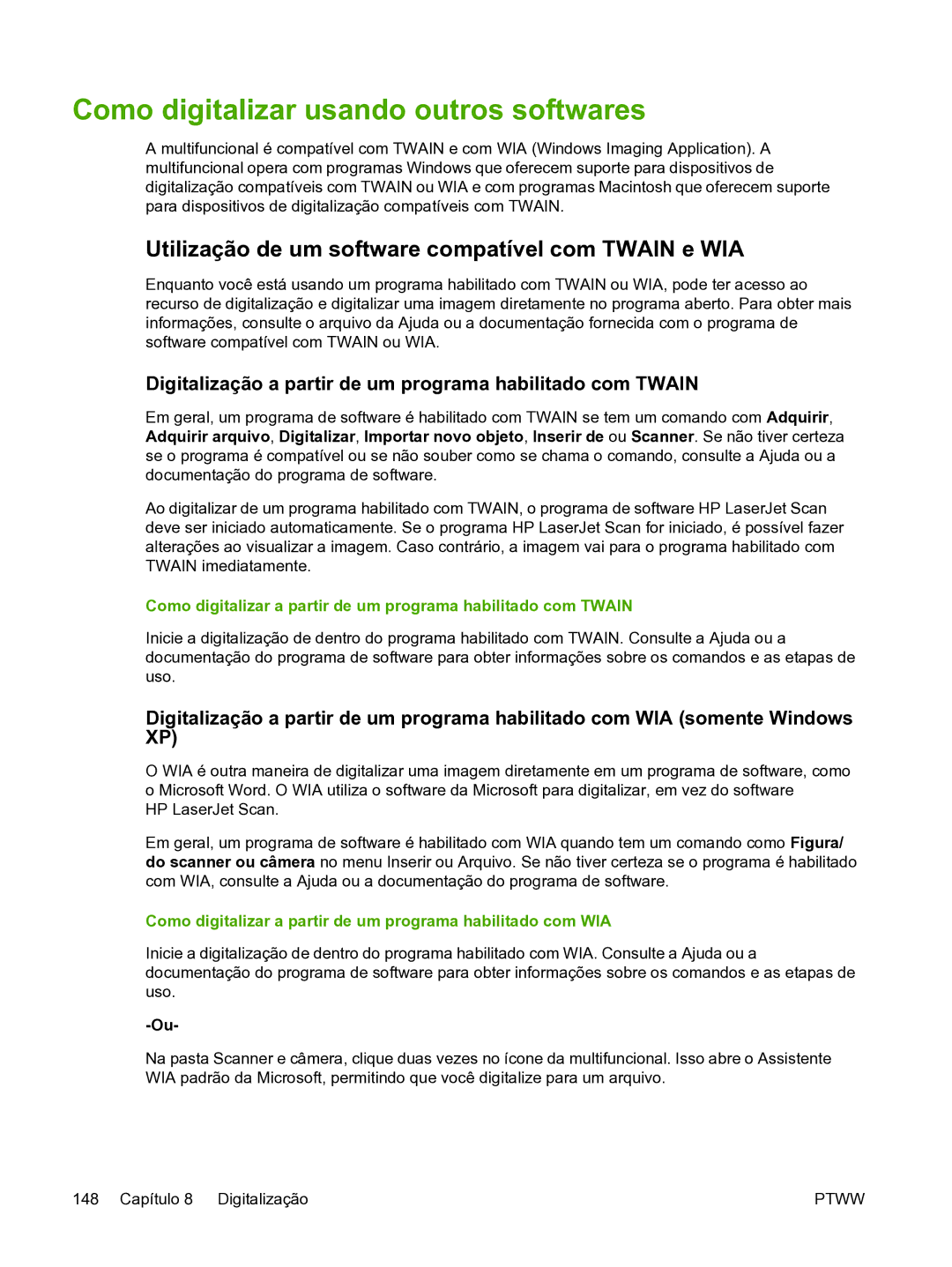 HP 3390 manual Como digitalizar usando outros softwares, Utilização de um software compatível com Twain e WIA 