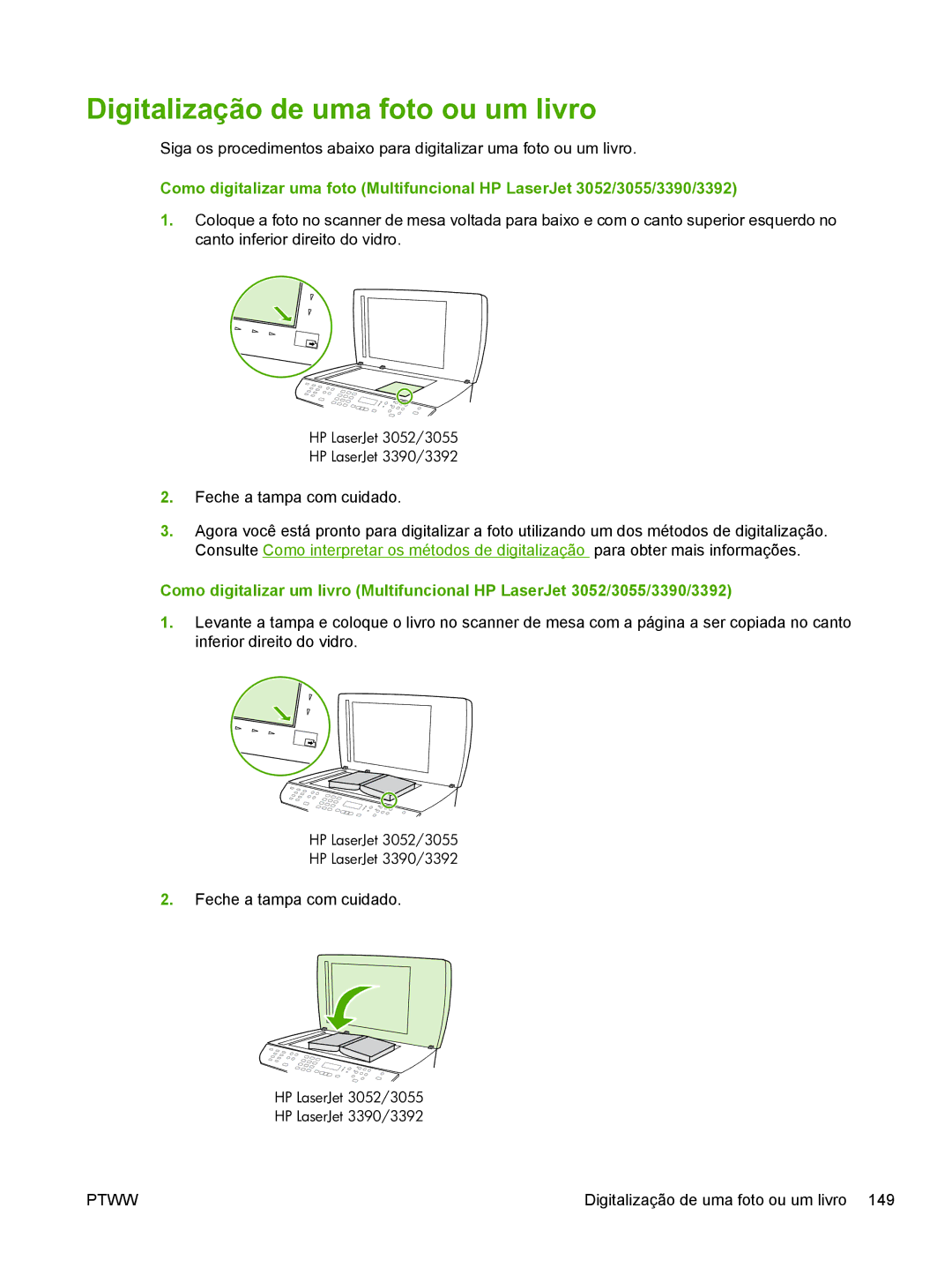 HP manual Digitalização de uma foto ou um livro, HP LaserJet 3052/3055 HP LaserJet 3390/3392 