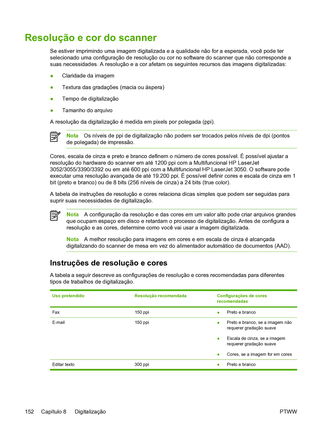 HP 3390 manual Resolução e cor do scanner, Instruções de resolução e cores, Uso pretendido Resolução recomendada 