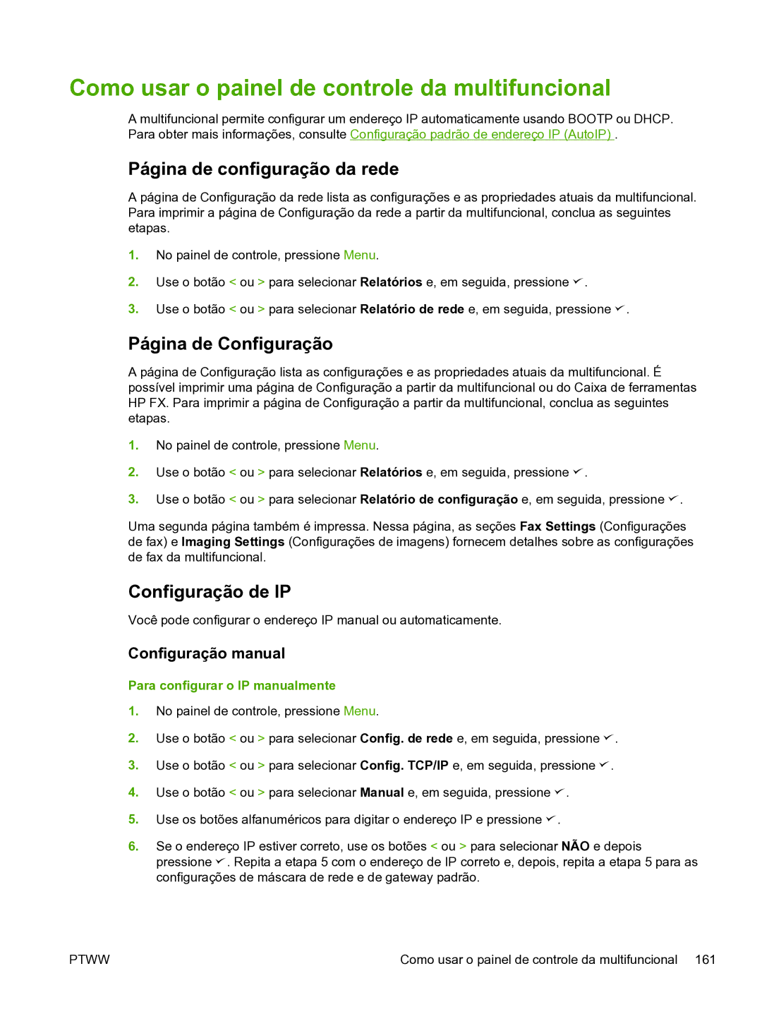 HP 3390 Página de configuração da rede, Página de Configuração, Configuração de IP, Configuração manual 