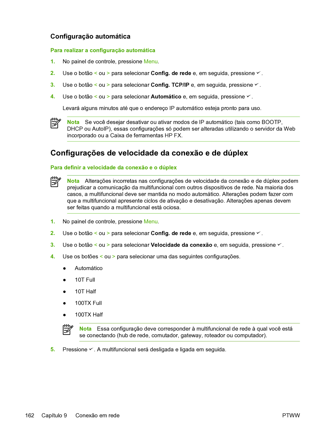 HP 3390 manual Configurações de velocidade da conexão e de dúplex, Configuração automática 