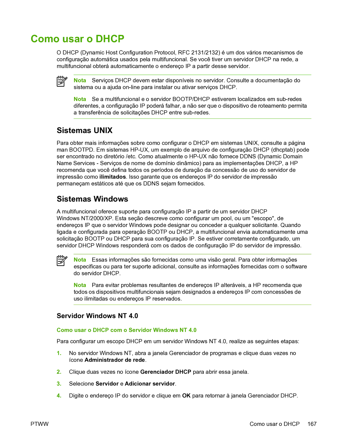 HP 3390 manual Sistemas Unix, Sistemas Windows, Como usar o Dhcp com o Servidor Windows NT 