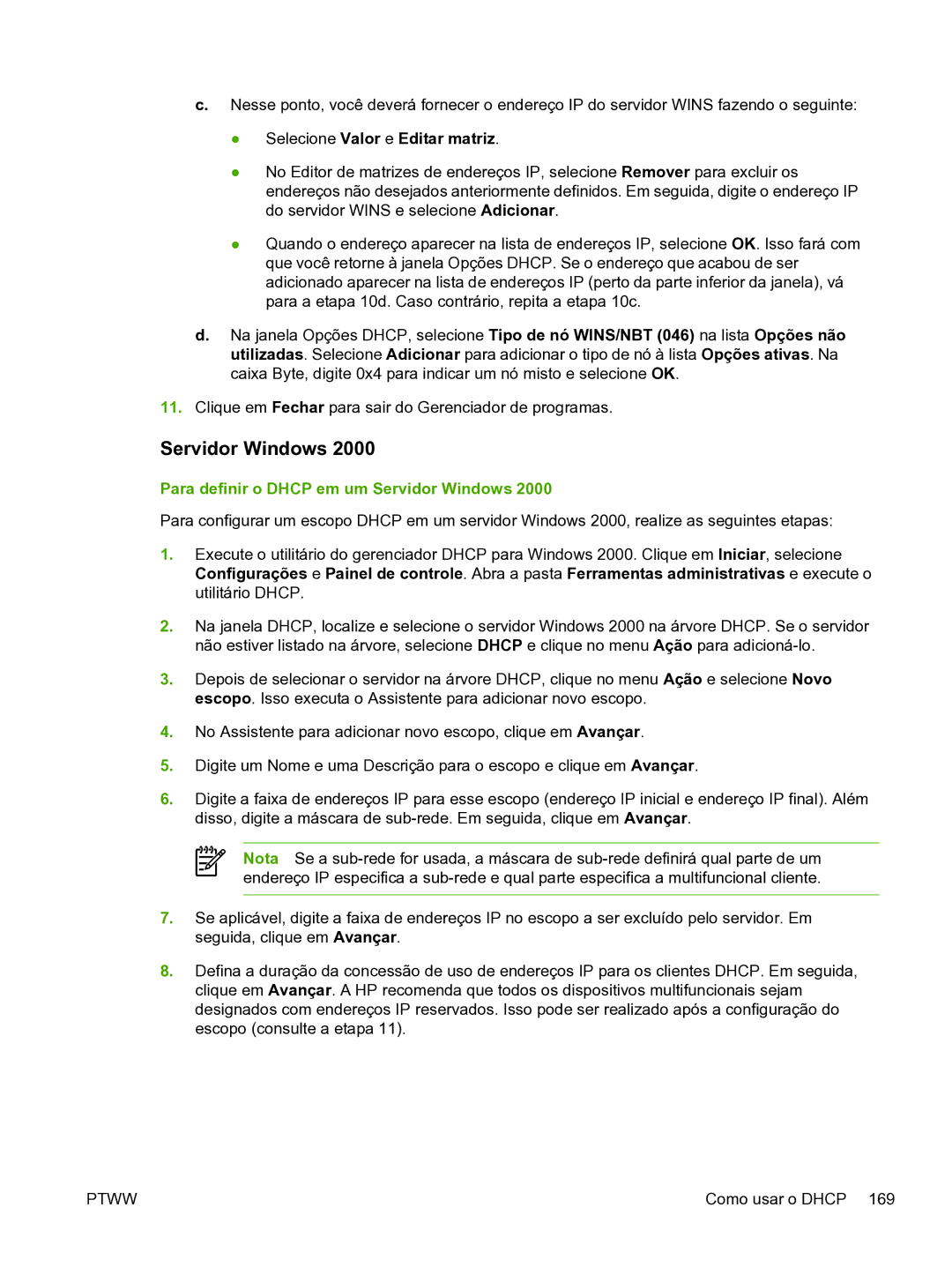 HP 3390 manual Para definir o Dhcp em um Servidor Windows 