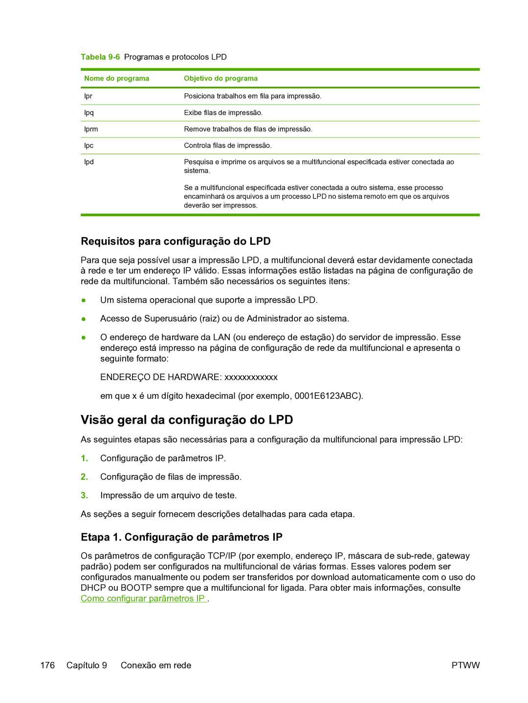 HP 3390 Visão geral da configuração do LPD, Requisitos para configuração do LPD, Etapa 1. Configuração de parâmetros IP 