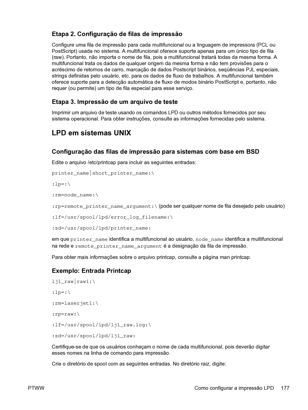 HP 3390 manual LPD em sistemas Unix, Etapa 2. Configuração de filas de impressão, Etapa 3. Impressão de um arquivo de teste 