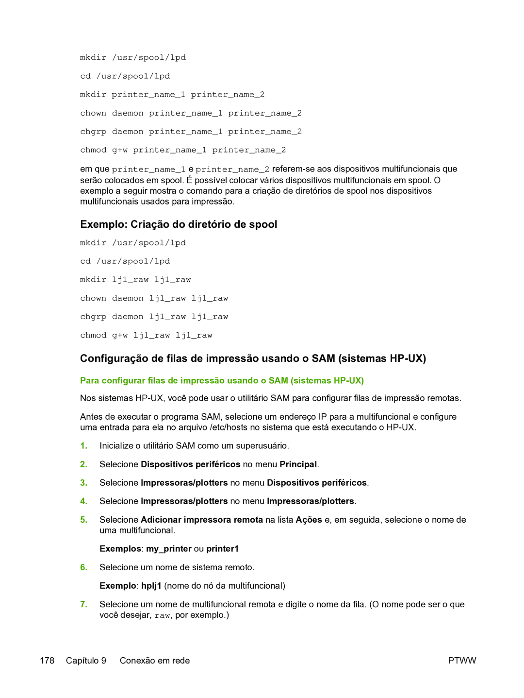 HP 3390 manual Exemplo Criação do diretório de spool, Exemplos myprinter ou printer1 