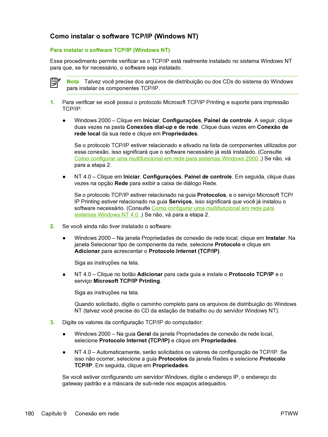 HP 3390 manual Como instalar o software TCP/IP Windows NT, Para instalar o software TCP/IP Windows NT 
