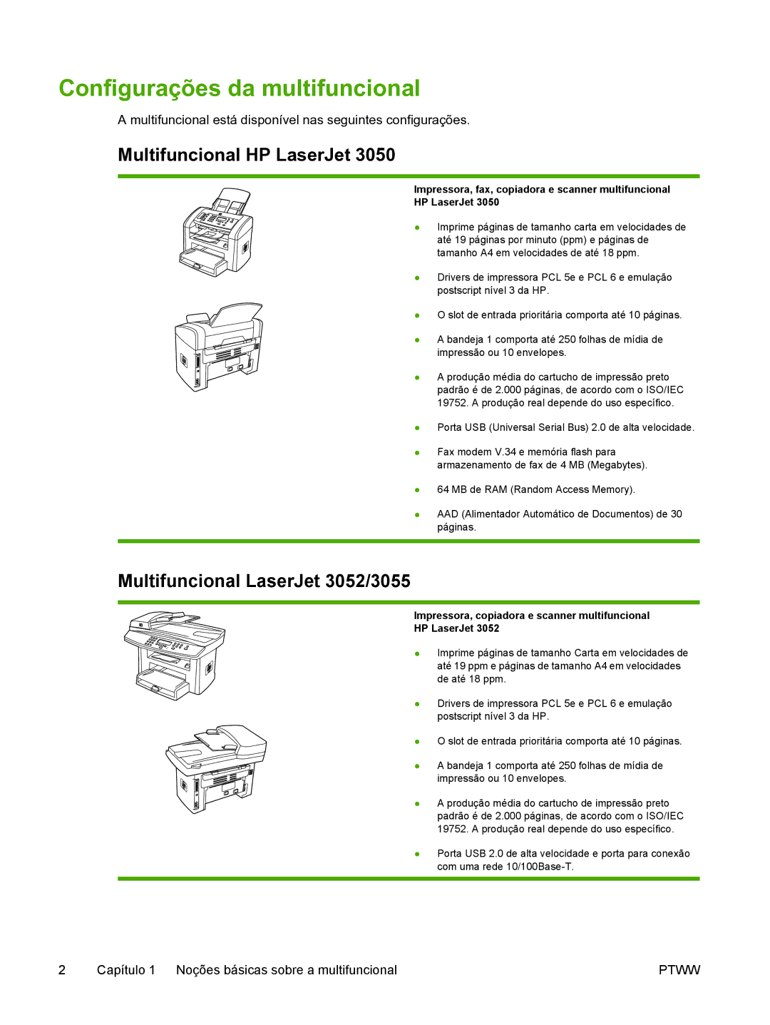 HP 3390 manual Configurações da multifuncional, Multifuncional HP LaserJet, Multifuncional LaserJet 3052/3055 