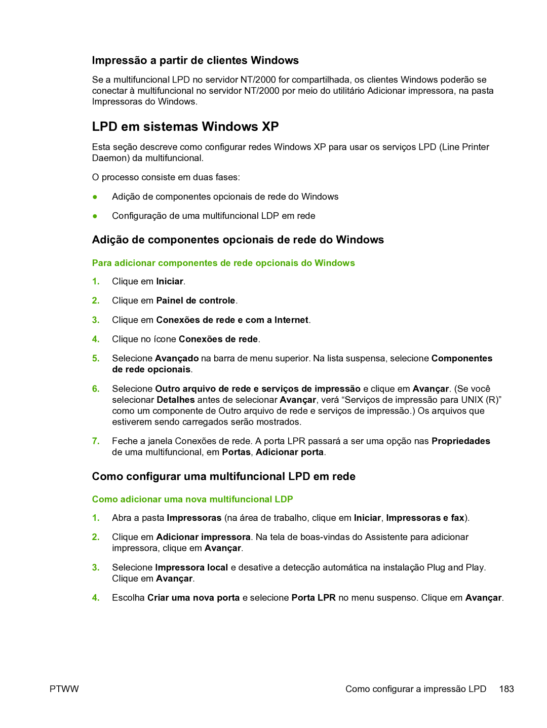 HP 3390 LPD em sistemas Windows XP, Impressão a partir de clientes Windows, Como configurar uma multifuncional LPD em rede 