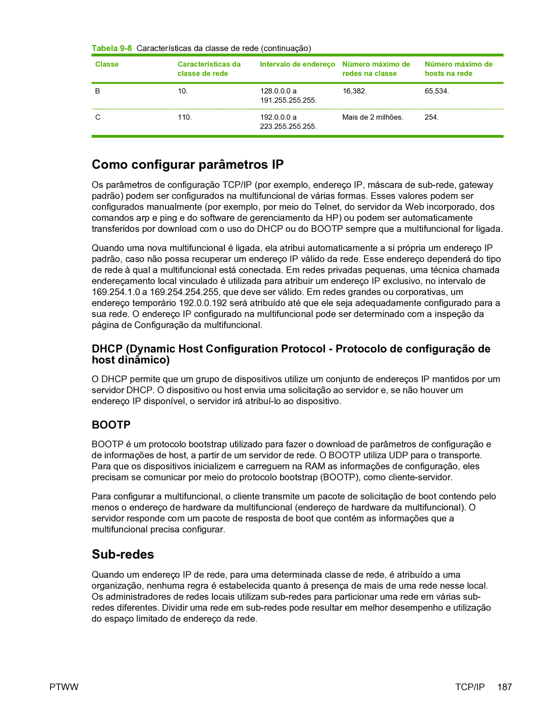 HP 3390 manual Como configurar parâmetros IP, Sub-redes, Tabela 9-8Características da classe de rede continuação 