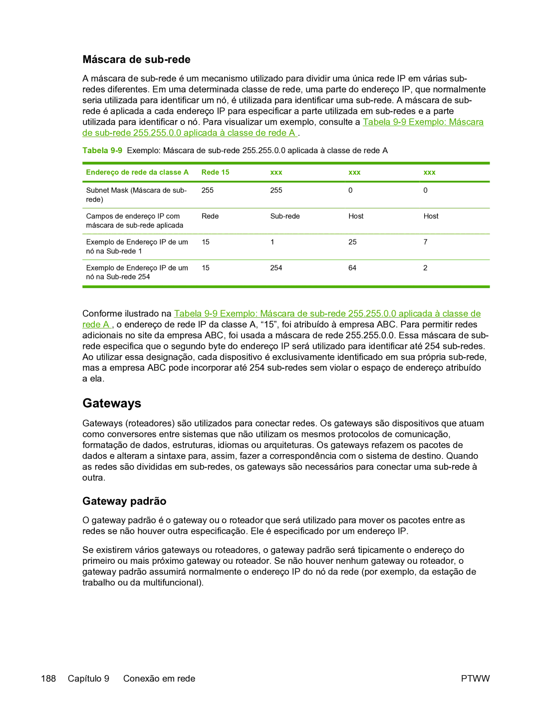 HP 3390 manual Gateways, Máscara de sub-rede, Gateway padrão, Rede Xxx 