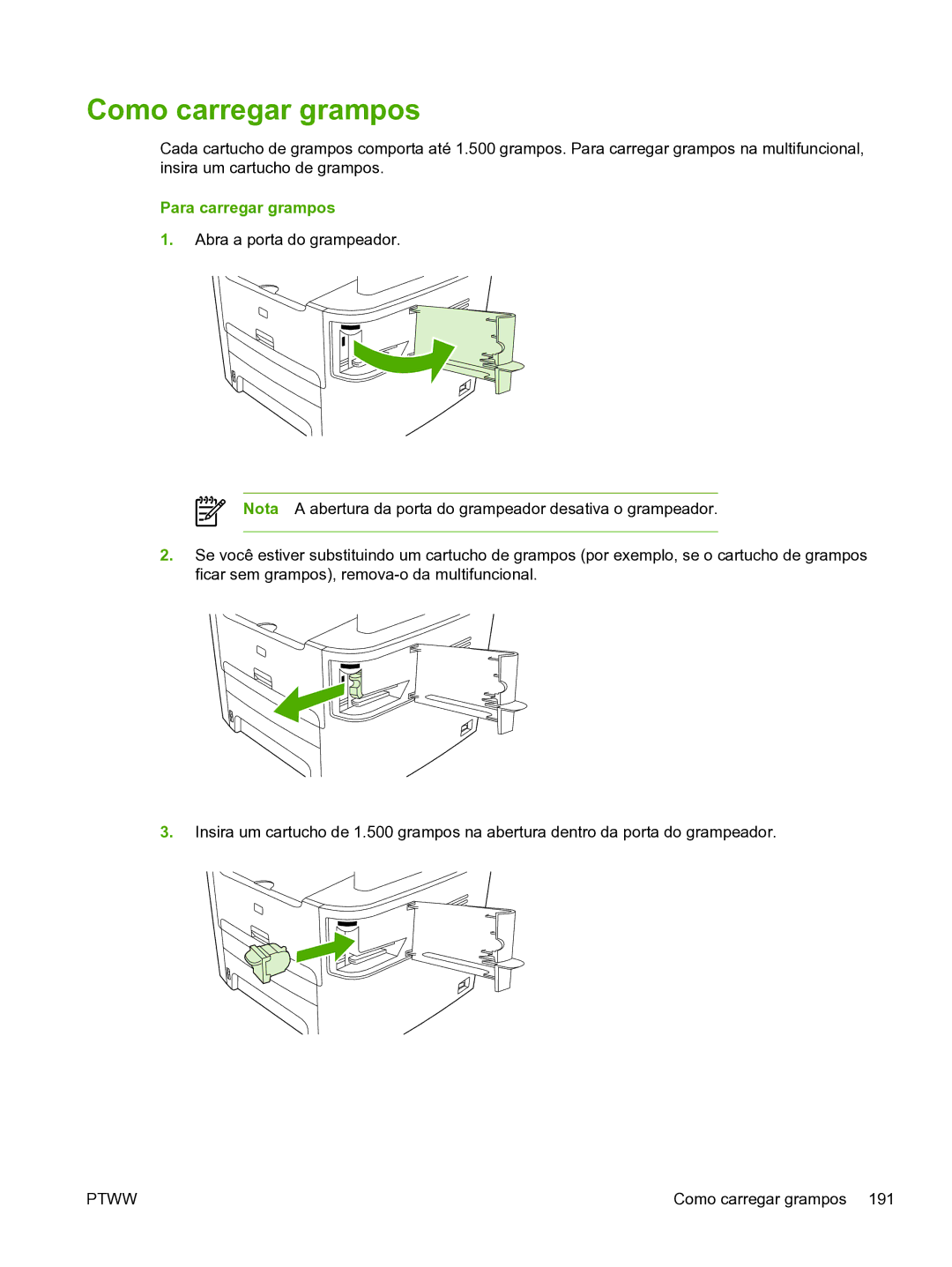 HP 3390 manual Como carregar grampos, Para carregar grampos 