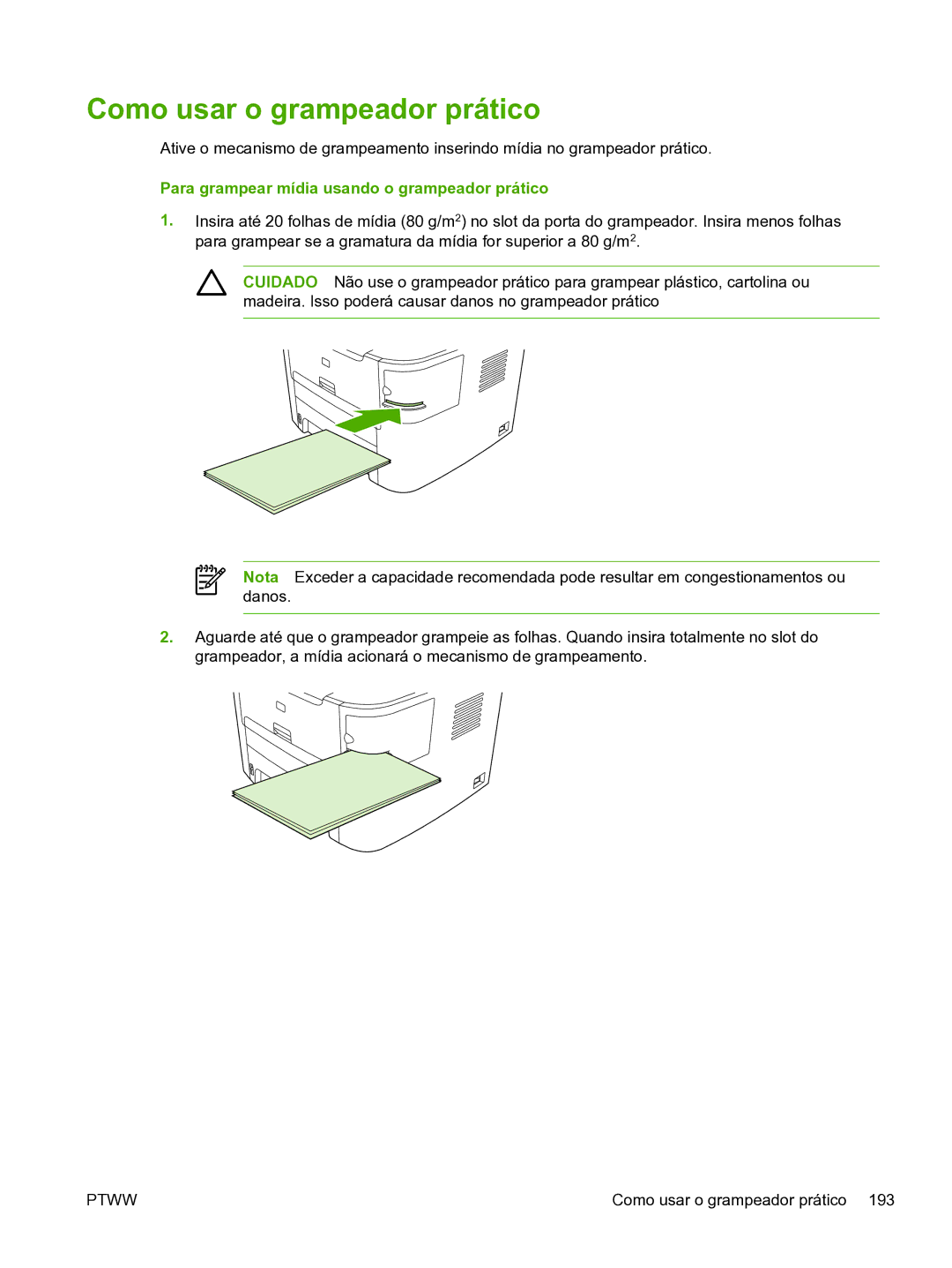 HP 3390 manual Como usar o grampeador prático, Para grampear mídia usando o grampeador prático 