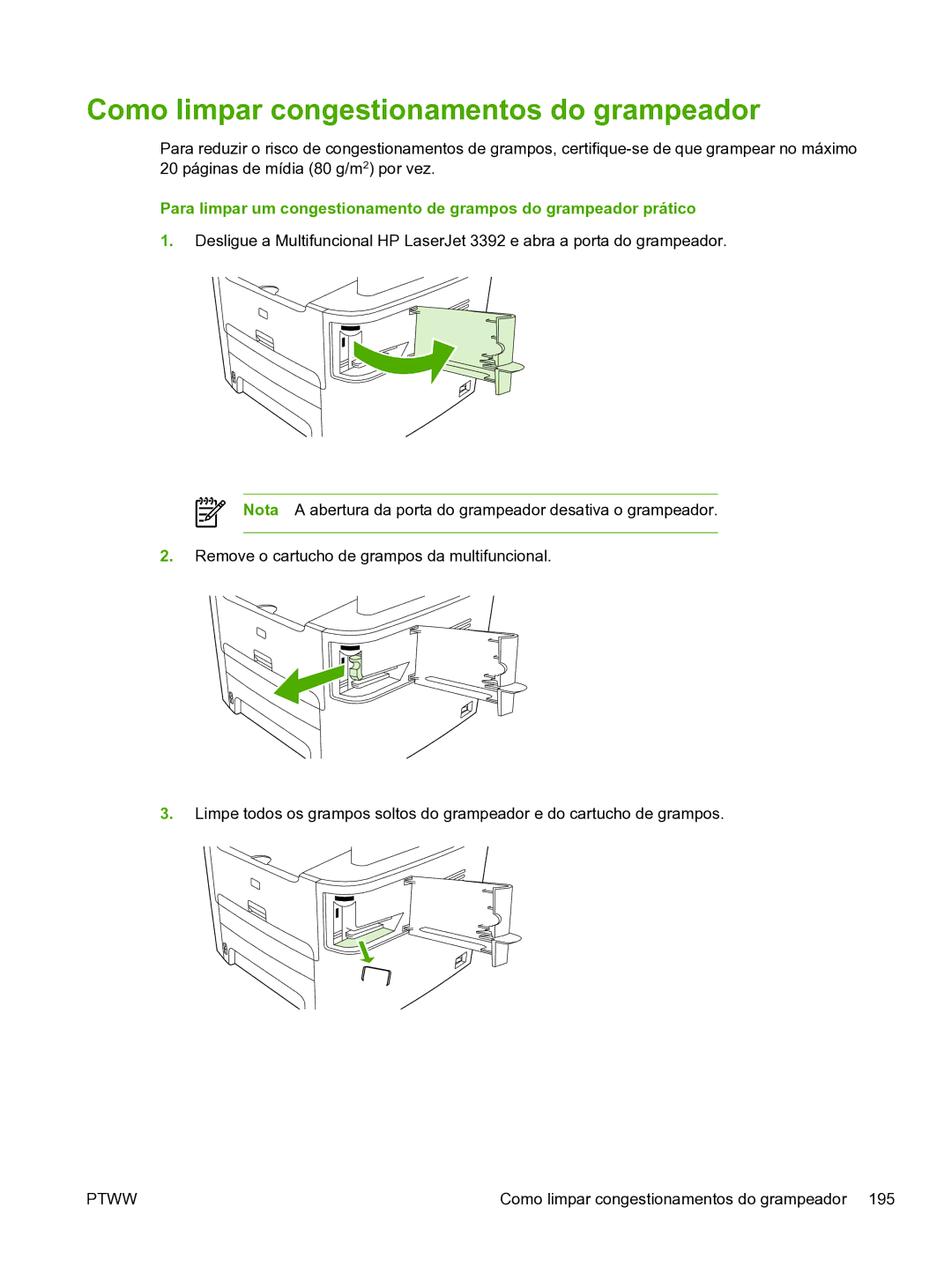 HP 3390 manual Como limpar congestionamentos do grampeador 