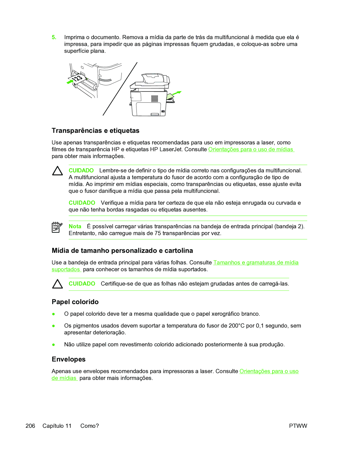 HP 3390 manual Transparências e etiquetas, Mídia de tamanho personalizado e cartolina, Papel colorido, Envelopes 