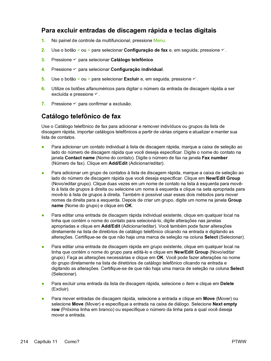 HP 3390 manual Para excluir entradas de discagem rápida e teclas digitais, Catálogo telefônico de fax 