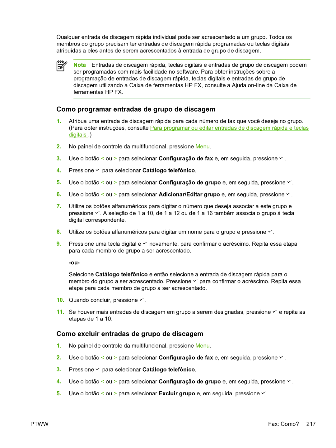 HP 3390 manual Como programar entradas de grupo de discagem, Como excluir entradas de grupo de discagem 