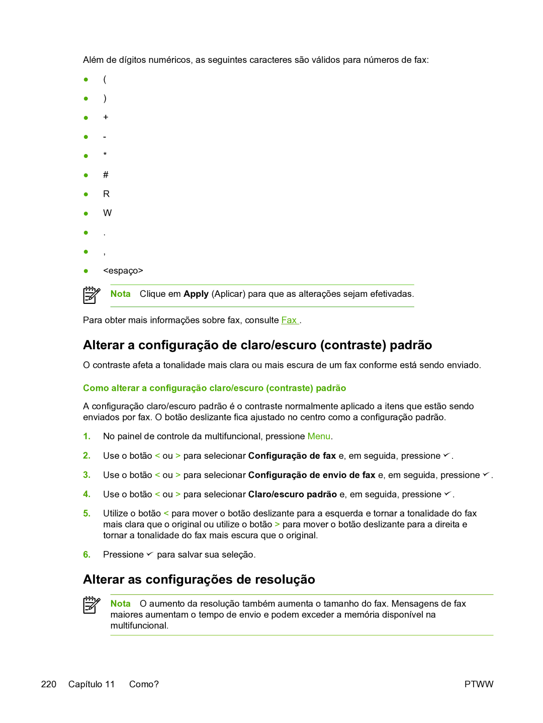 HP 3390 manual Alterar a configuração de claro/escuro contraste padrão, Alterar as configurações de resolução 